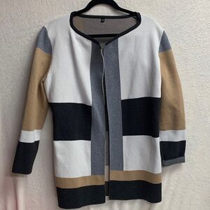 Colorblock Black Tan Gray Open Front Cardigan Sweater Jacket Women’s Sz M